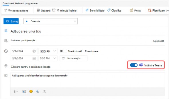Activați comutatorul întâlnirii Teams în Outlook pentru a programa o întâlnire Teams,