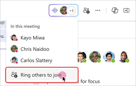 Captură de ecran care arată cum să sunați alte persoane din indicatorul în direct într-o întâlnire instant chat în grup.